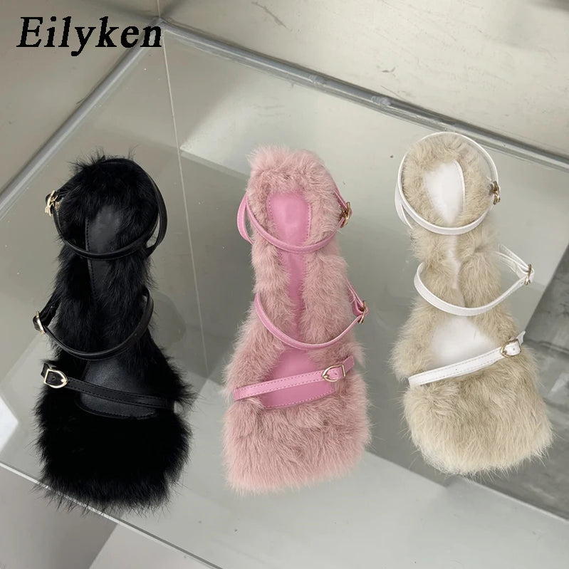 Eilyken 2025 Brand Plush Fur Fuzzy Sandals Women Thin Heels Fashion Square Toe Ankle Lace Up Buckle Strap Slides Shoes