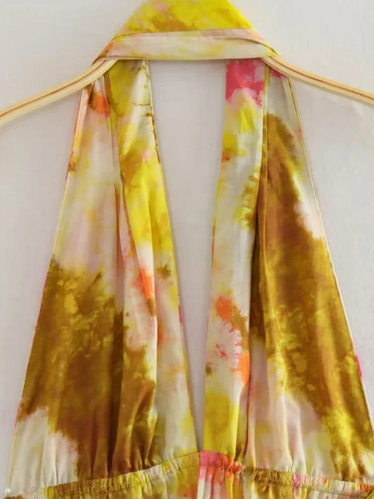 Floral Printed Beach Dress Women Mini Sexy Deep V-neck Backless Halter Female Dresses Summer Vacation Sleeveless Short Robe