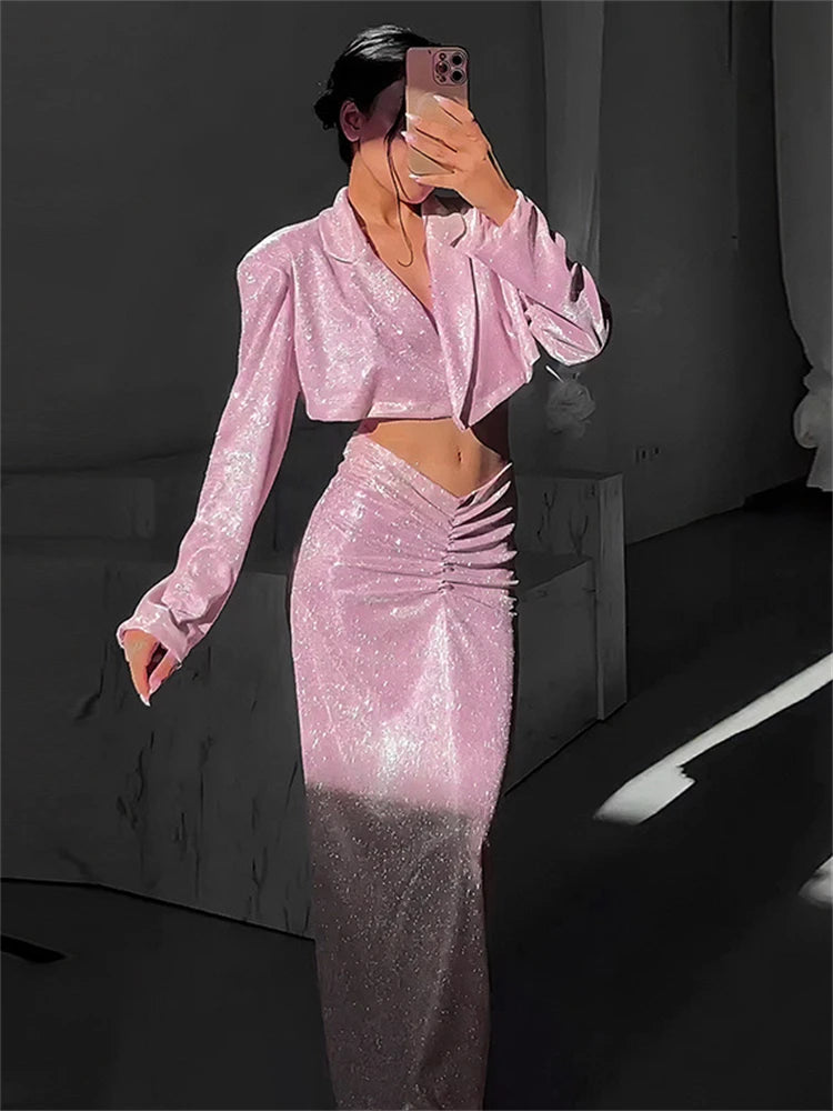 Ladies New Bling Glitter Slim Dress Set 2 Pieces Long Sleeve Pad Crop Top And Maxi Skirt Evening Party Night Club Women Outfits Pink