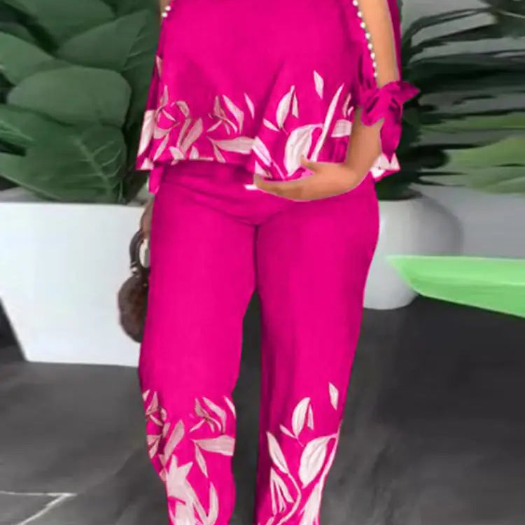 Plus Size 5XL Elegant Women Pant Sets 2024 VONDA Summer Cold Shoulder 2pcs Casual 3/4 Sleeve Tops Vintage Printed Matching Sets