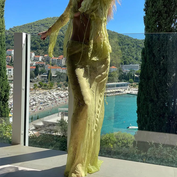 FSDA Print Y2K Mesh Long Sleeve Top Shirts Green And Maxi Skirt Bodycon Sexy Two Piece Sets Beach Outfits Women Club