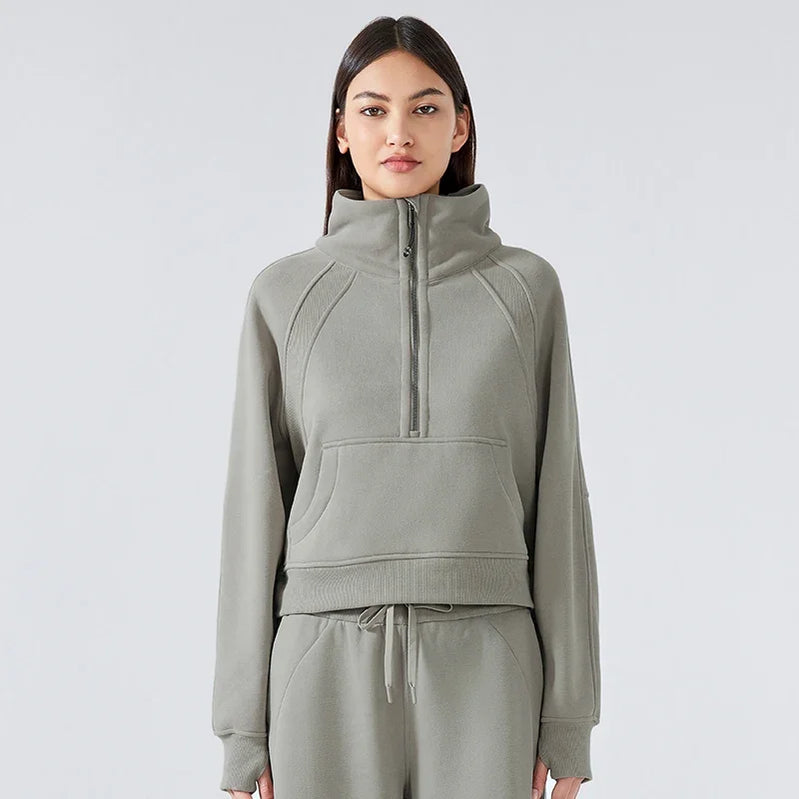 Autumn New Half Zipper High Stand Collar Pullover Top for Women's , Warm and Fleece Thick Sports Hoodie for External Wear DA W150D