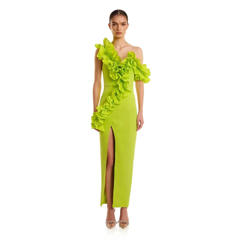Red Black Women Sleeveless Off the Shoulder Ruffles Bodycon Bandage Mid-calf Dress Nightclub Party Celebrate Evening Dress