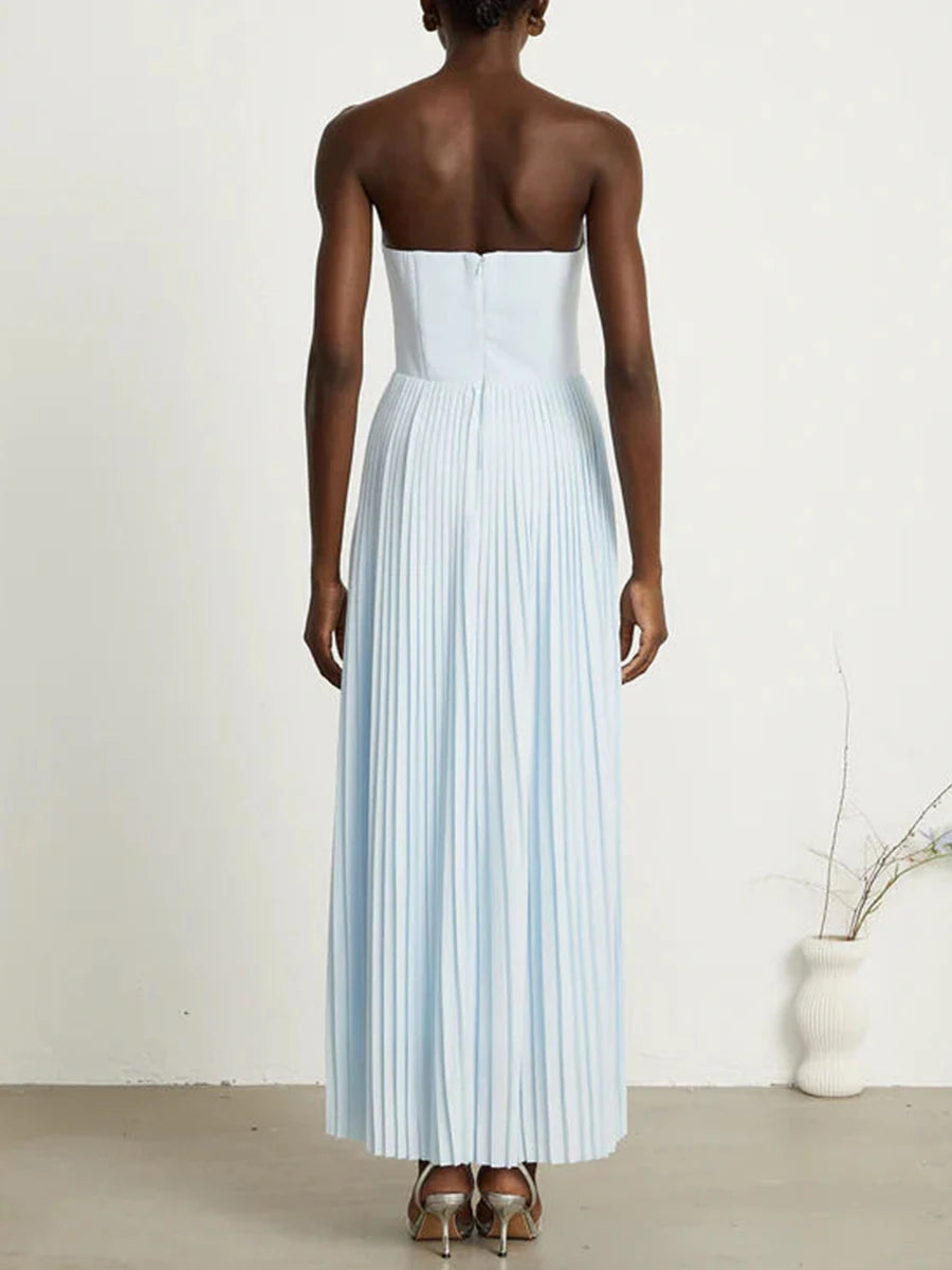 TWOTWINSTYLE Solid Slimming Elegant Midi Dresses for Women Strapless Sleeveless Patchwork Fold Dress Female Temperament Clothing