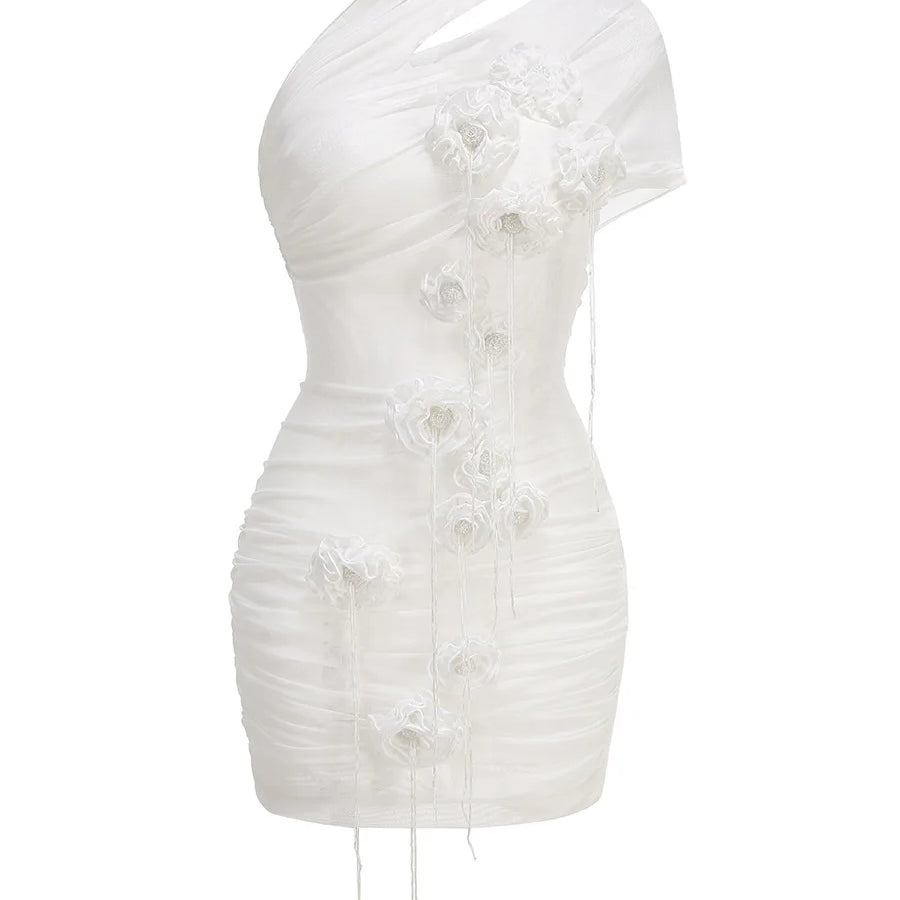 White Color Women Sexy Halter Florals Mesh See Through Bodycon Mini Dress Celebrate Fashion Nightlcub Party Outfit Wholesale