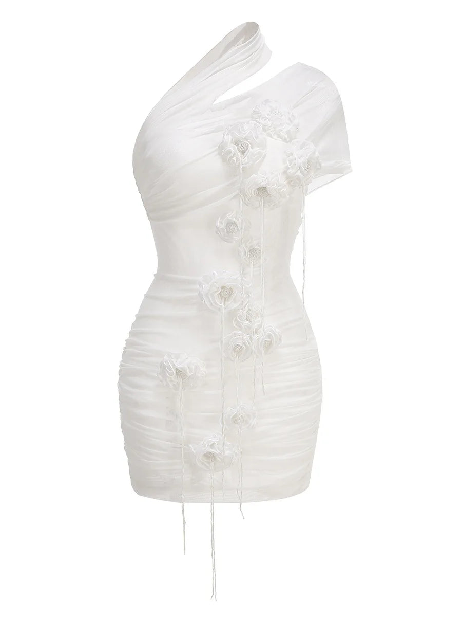 White Color Women Sexy Halter Florals Mesh See Through Bodycon Mini Dress Celebrate Fashion Nightlcub Party Outfit Wholesale