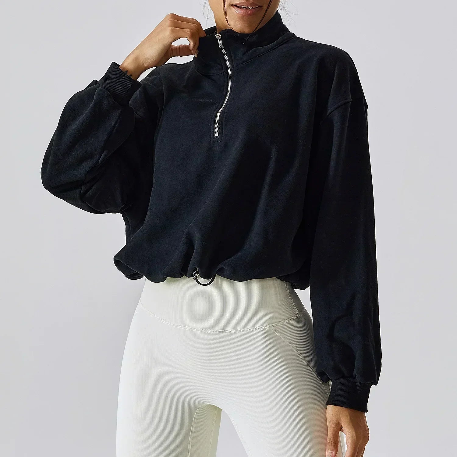 Yoga Pullover High Neck Fitness Sports Sweater Women's Running Rope Zipper Women's Loose Long sleeved Sweater black