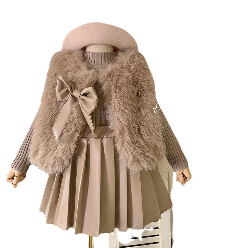 Winter Girls Clothing Sets Autumn Knitted Pullover+Faux Fur Vest +plush Leather Skirt Princess Party Children Clothes Suits 2-7Y
