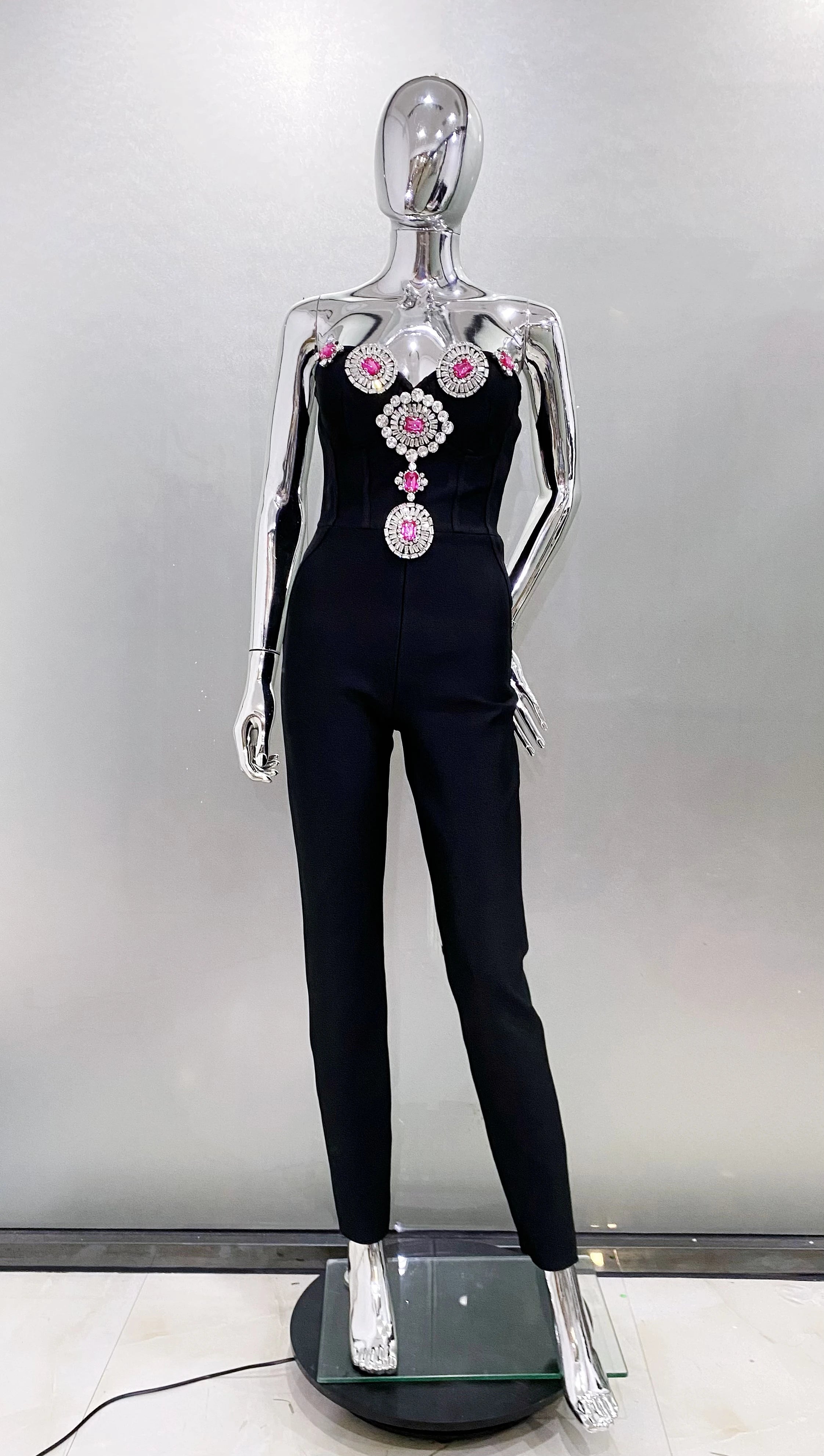 Fashion Celebrate Sparkly Crystals Women Sexy Strapless Bodycon Bandage Jumpsuit Runway Nightclub Party Wear Wholesale