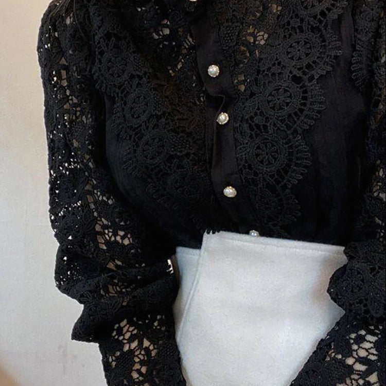 Women Chiffon Button Turtleneck Shirt Chic Elegant Floral Lace Fluffy Long Sleeve Top Fashion Hollow Oversize White Blouse 2024 black