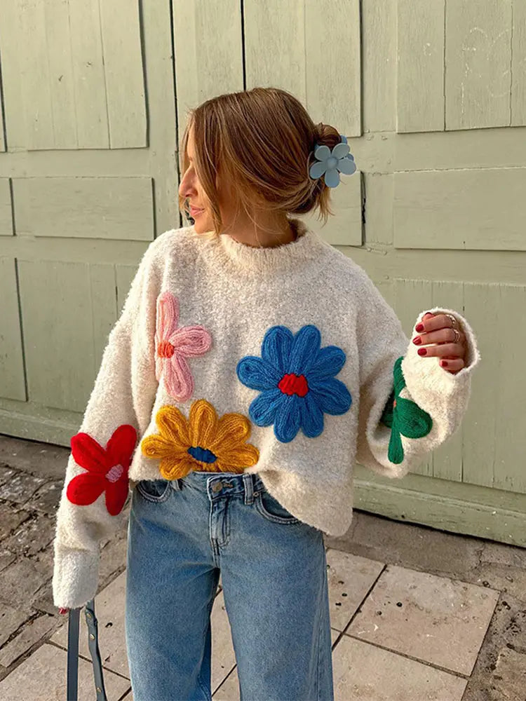 Vintage Flower Embroidery Sweater Women Loose Long Sleeve O-neck Knitted Pullover Autumn Female Thick Casual Streetwear as picture 1