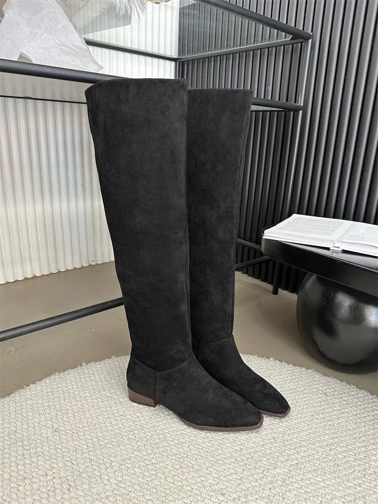Low Heel Pleated Boots Autumn Winter New Square Head Knee Length Long Boots Suede Women's Shoes Black Beige Green Gray black