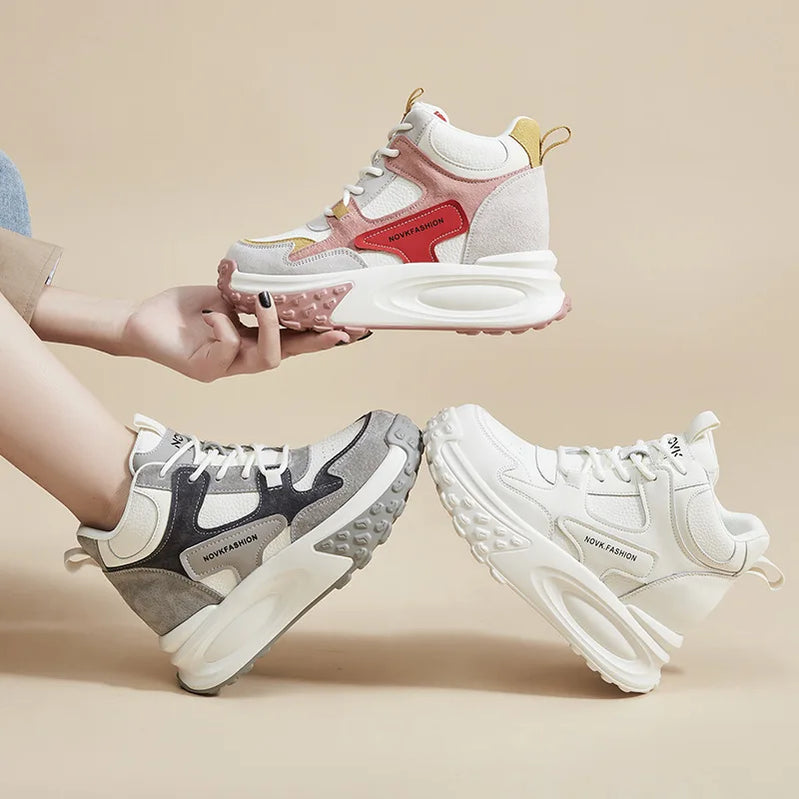 Fujin 8.5cm Cow Genuine Leather Thick Soled Spring Platform Wedge Chunky Sneakers Women Autumn Fashion Hidden Heels Ladies Shoes