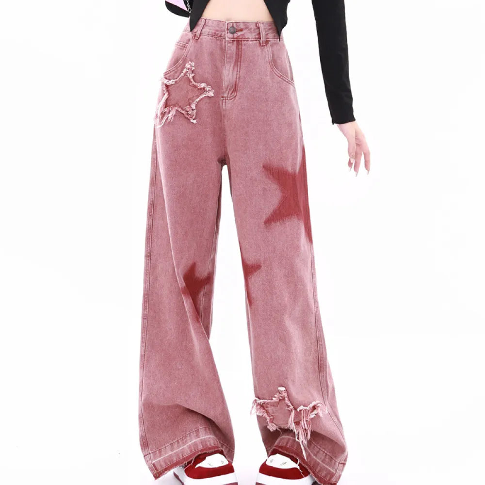 Embroidery Star Jeans for Women Autumn New In Corset High Waist Jeans Pants for Women Straight Pink Winter Wide Pants Women Y2K Rust