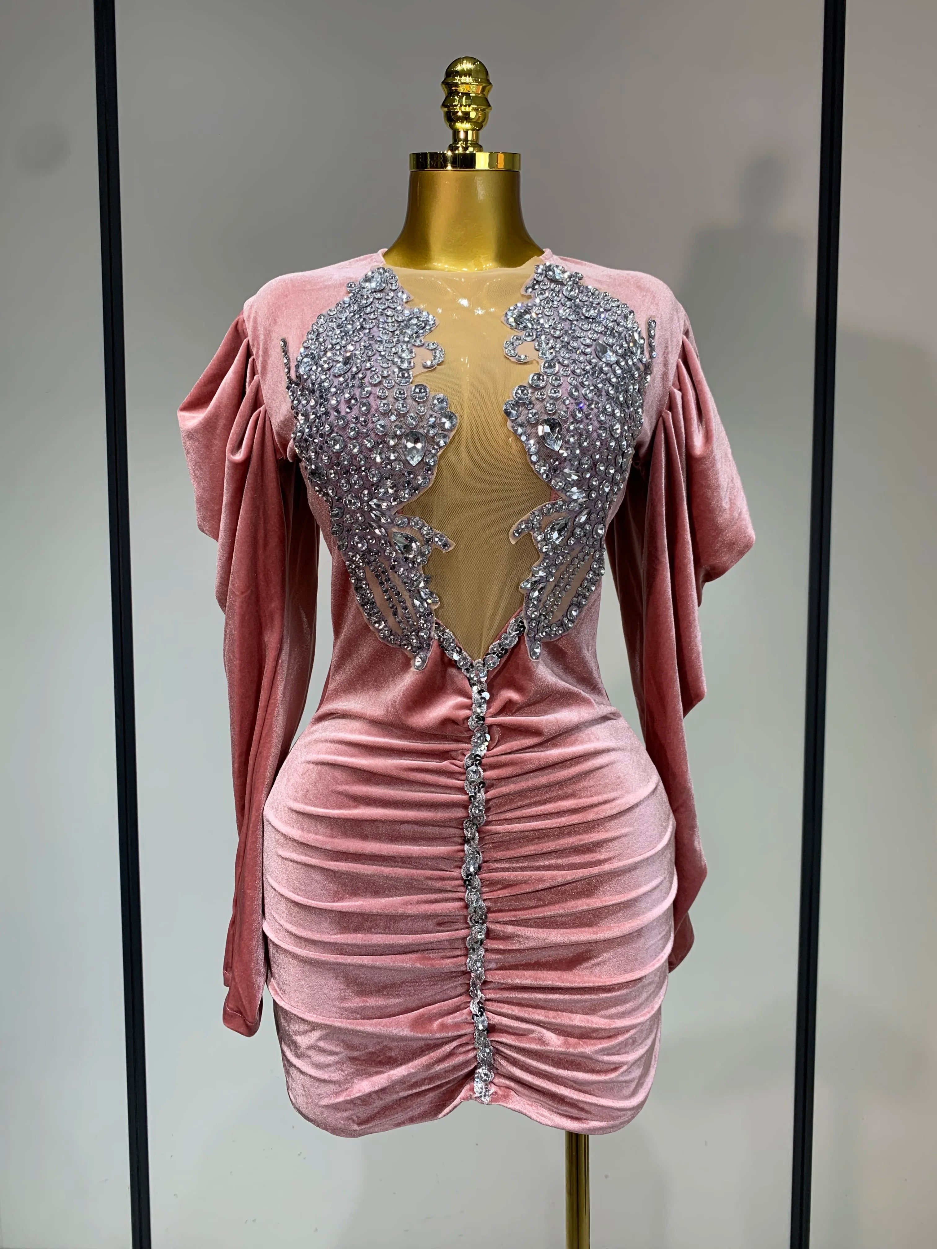Luxury Birthday Dress Sparkly Crystals Sexy Mesh Velvet Short Dress 2025 Women Elegant Evening Party Nightclub Stage Costume