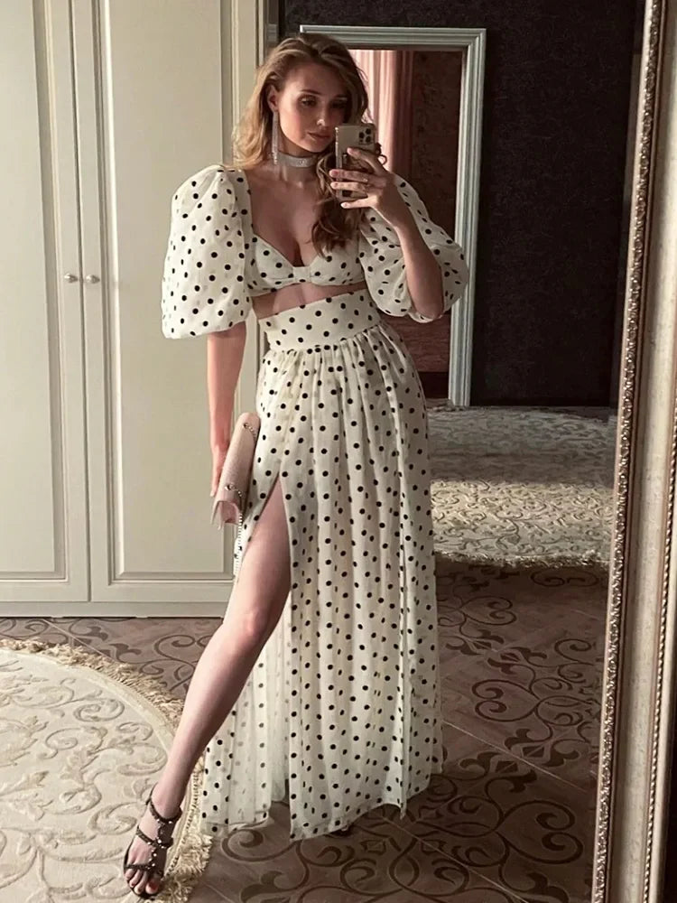 Foridol Vintage Polka Dots Printed 2 Pcs Set Women Summer Matching Set Maxi Skirt Beach Dress Set New Outfits Holiday Robe