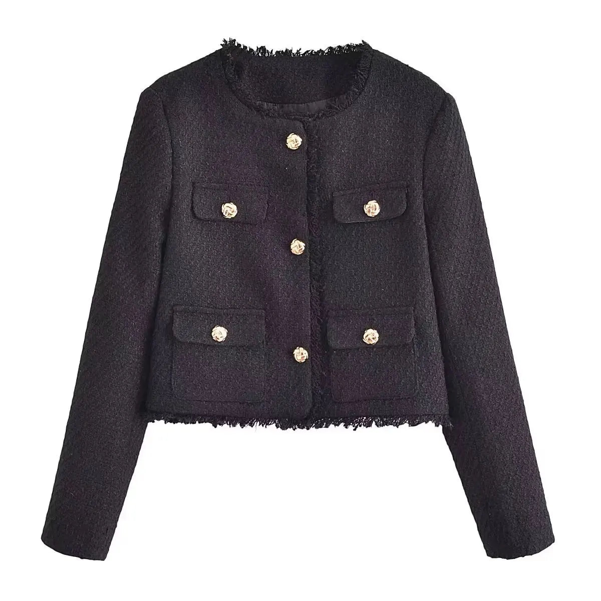 Short Tweed Coat Women Autumn Fashion Elegant O-neck Long Sleeve Botton Frayed Pockets Jackets Female Outwear Office Lady Coats black 3