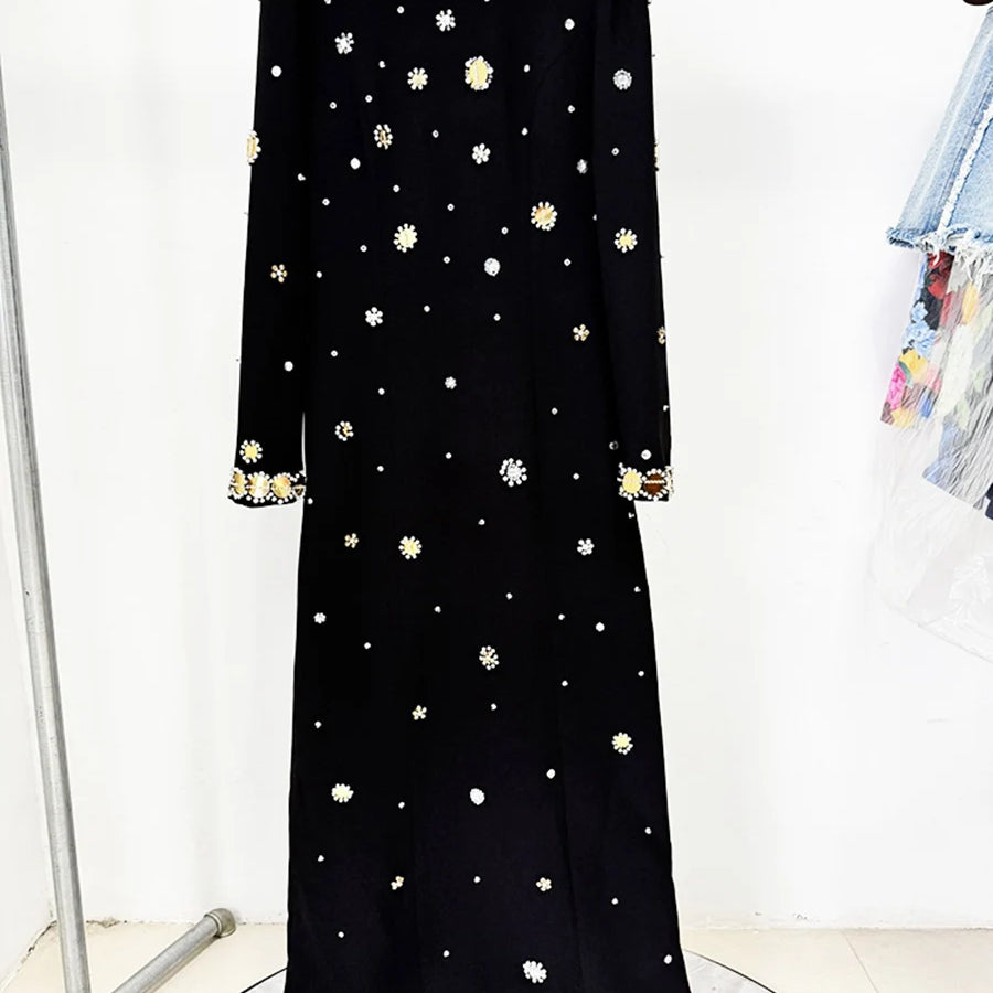 TWOTWINSTYLE Hit Color Spliced Bead Luxurious Dresses for Women Round Neck Long Sleeve Patchwork Wave Point Elegant Dress Female