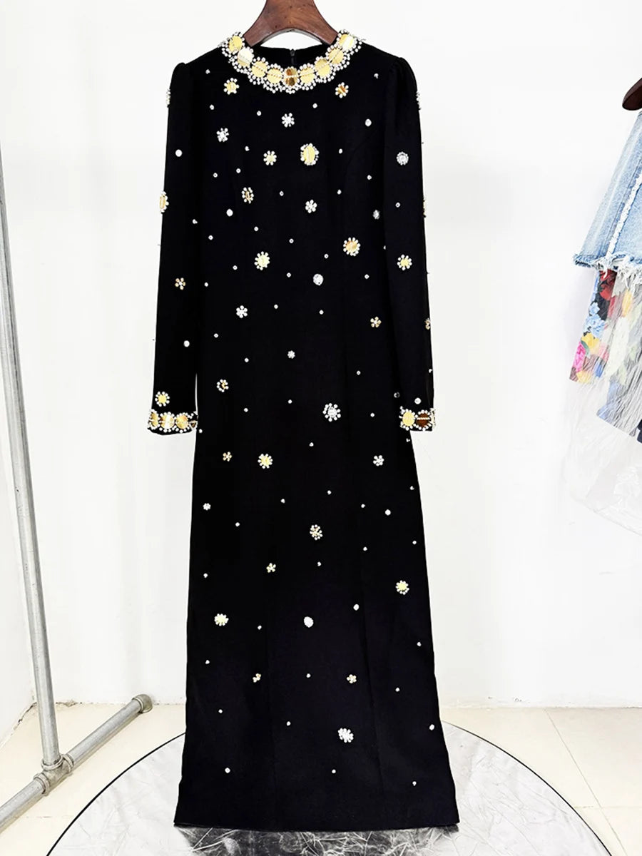 TWOTWINSTYLE Hit Color Spliced Bead Luxurious Dresses for Women Round Neck Long Sleeve Patchwork Wave Point Elegant Dress Female