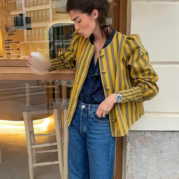Women Contrasting Stripes Shirt Jacket Elegant Loose O Neck Long Puff Sleeve Thin Coat New Chic Female Artistic Streetwear 2024 Yellow