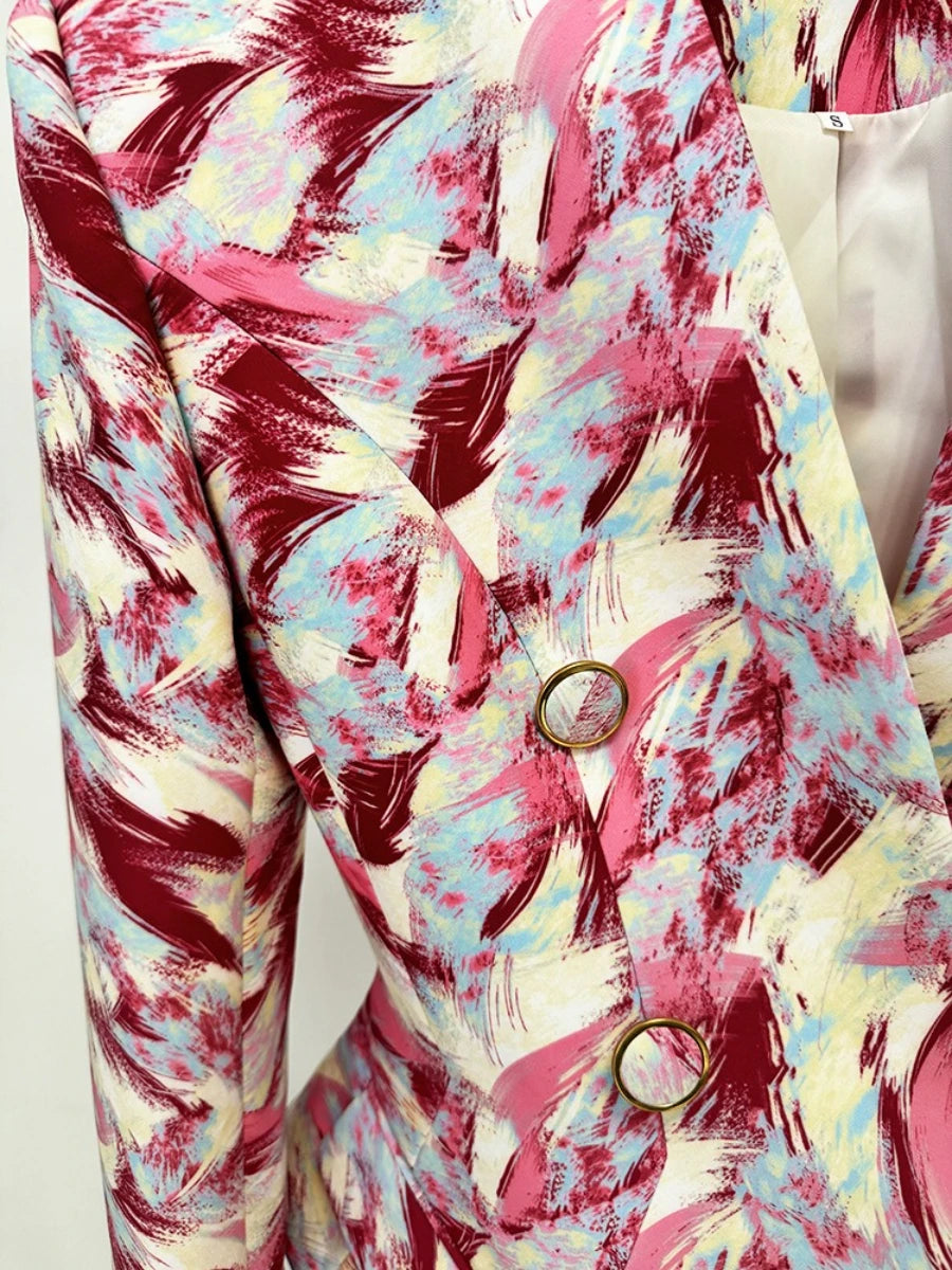 TWOTWINSTYLE Hit Color Spliced Printing Fashion Jackets for Women V Neck Long Sleeves Patchwork Button Elegant Jacket Female New