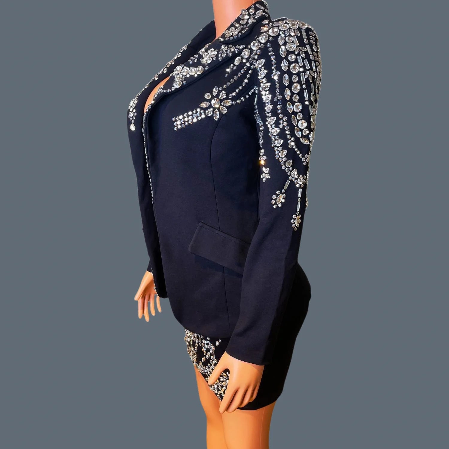 Trendy High-end Mini Dress with Jacket Sparkly Rhinestone Dress Birthday Party Cocktail Set Nightclub Prom Strap Dress Tengchong