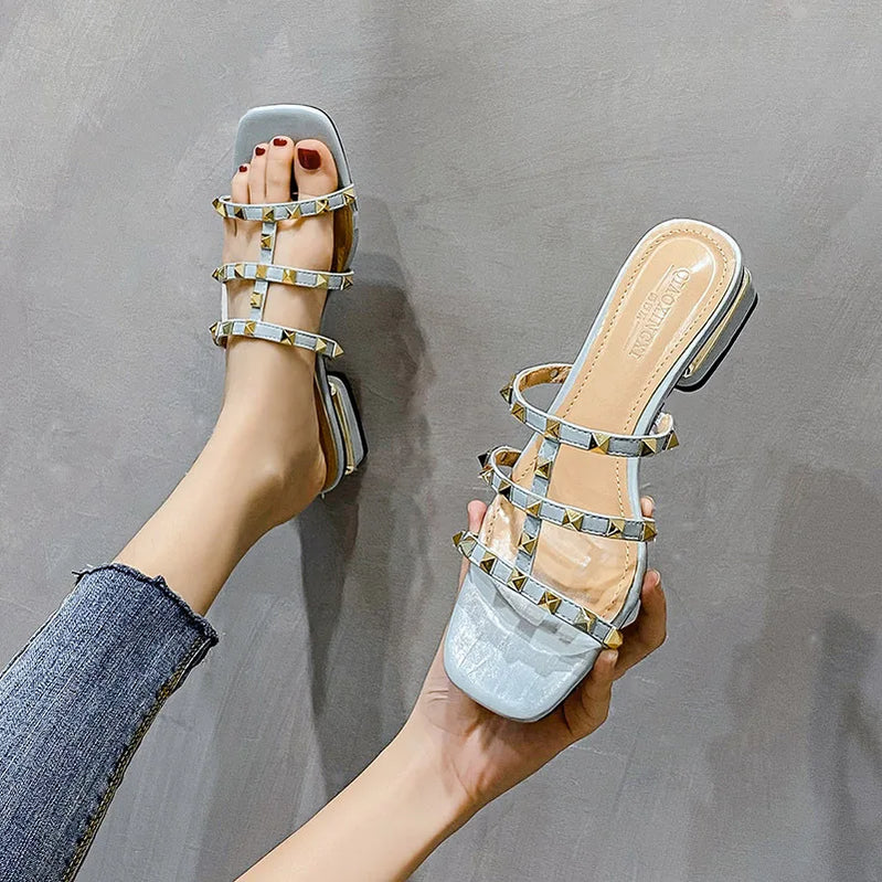 Summer low heel women rivets sandals thin ribbon fashion Korean design girls shoes large size wear slippers free delivery