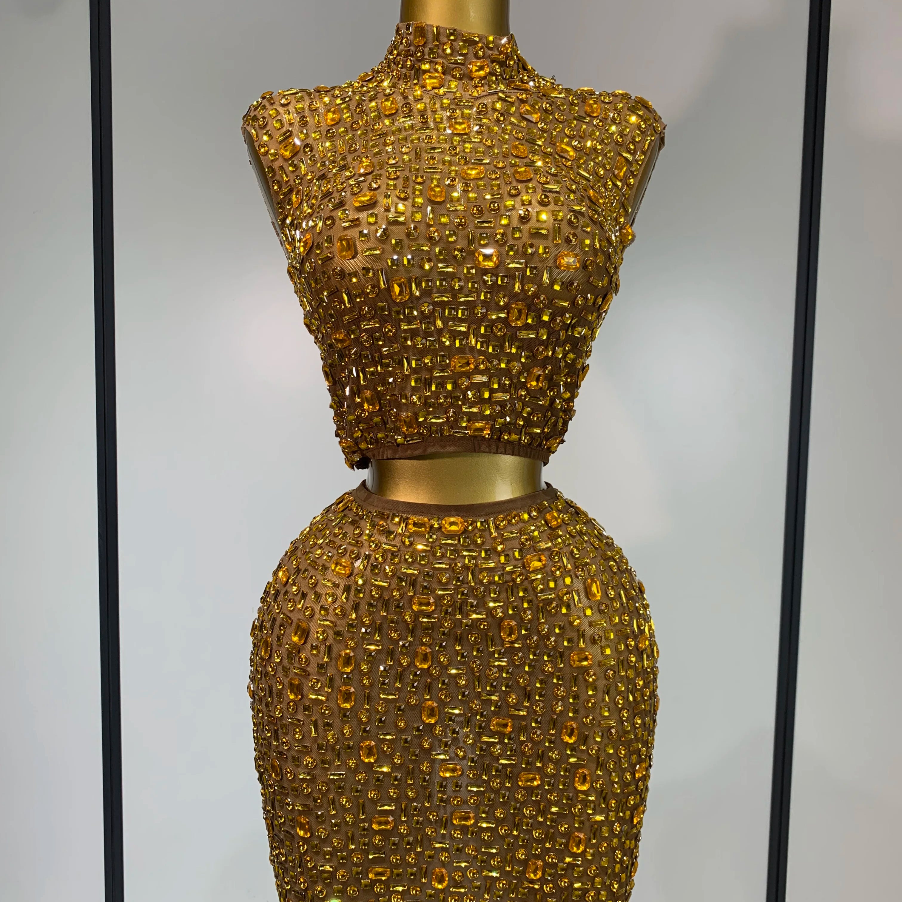 Luxury Rhinestone Mesh See Through Celebrate Birthday Dress Sparkly Top Short Skirt Two Pieces Sets Performance Stage Costume