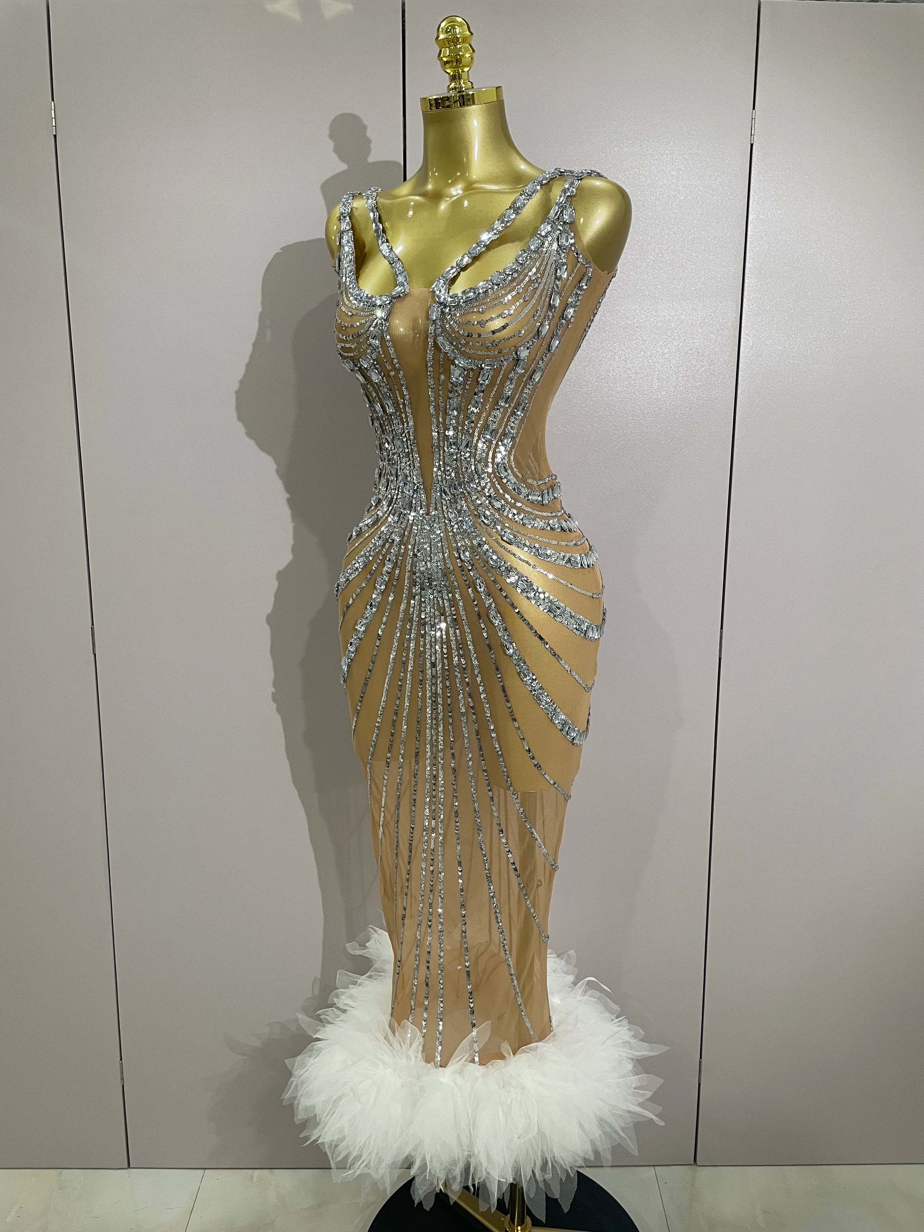 Luxury Sexy Silver Rhinestone Mesh See Through Long Dress 2025 New Women Birthday Party Prom Gown Singer Nightclub Stage Costume