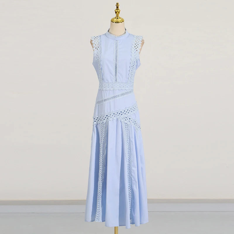 TWOTWINSTYLE Solid Slimming Spliced Hollow Out Dresses for Women Round Neck Sleeveless Patchwork Lace Dress Female Clothing New