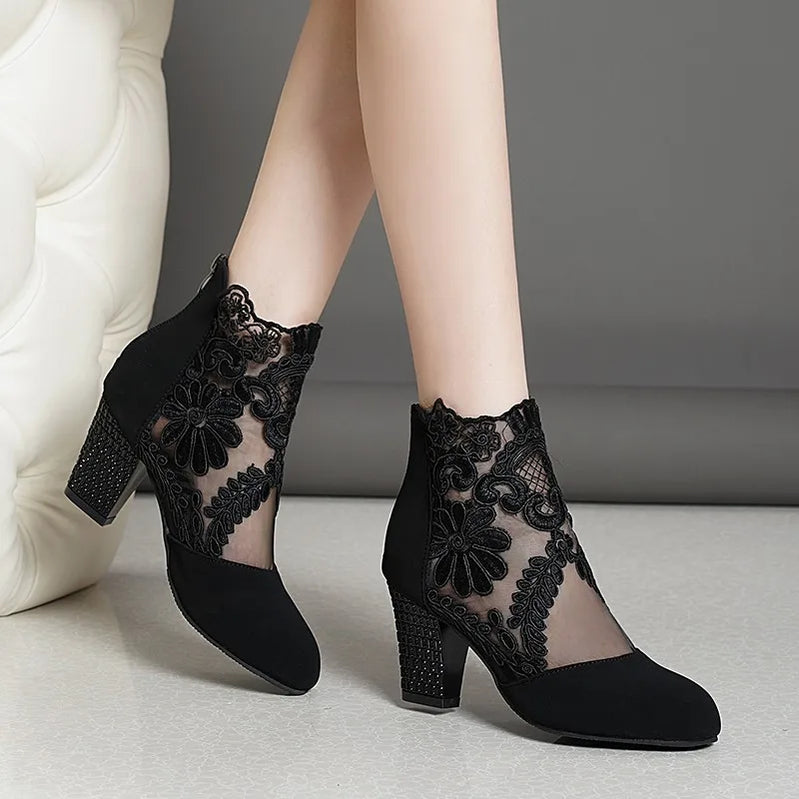 New 2023 Women's Spring Summer Shoes Ladies Lace Fashion Boots Female High Heels Round Toe Women Ankle Boots Large Size Shoes