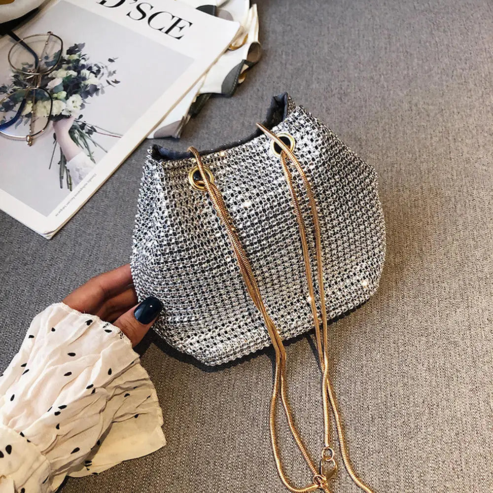 1Pc Elegant Women Rhinestones Evening Clutch Handbags Fashion Shiny Dinner Party Wedding Purses Shoulder Underarm Bag for Women Silver-F