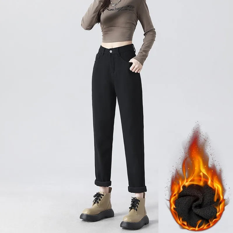 Women Denim Jeans Plus Velvet Autumn and Winter Regular Fit Straight Classic Fashion Warm Pants