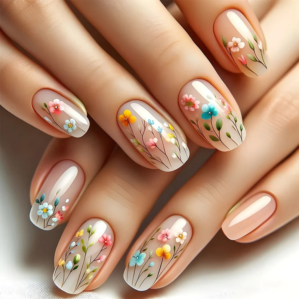 24pcs Short Square Fake Nails Acrylic Vivid False Nails Ladybug Butterfly Flower Press on Nails Garden Plants Nail Art Ballet