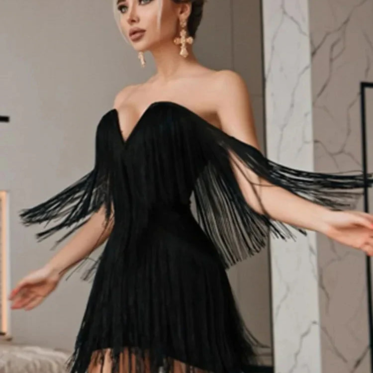 Summer Women Sexy Off Shoulder Tassel Black White Mini Bodycon Bandage Prom Dress Elegant Evening Club Cocktail Party Dress