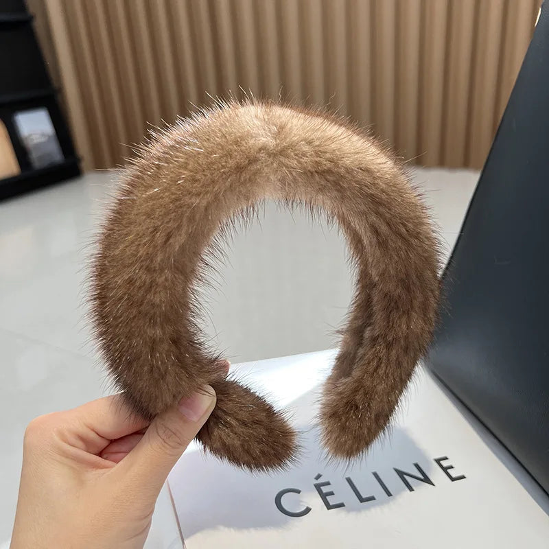 Hot Sale Women Luxury winter 100% Real Mink Fur Headbands High Quality Real Fur Hair Band Lady Fashion Hair Hoop Furry Gift Light brown