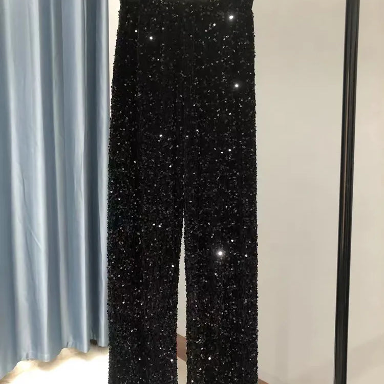 Y2k Pants Woman Elastic Waist Sequins Wide Leg Trousers Shiny Full Length Straight Female High Street