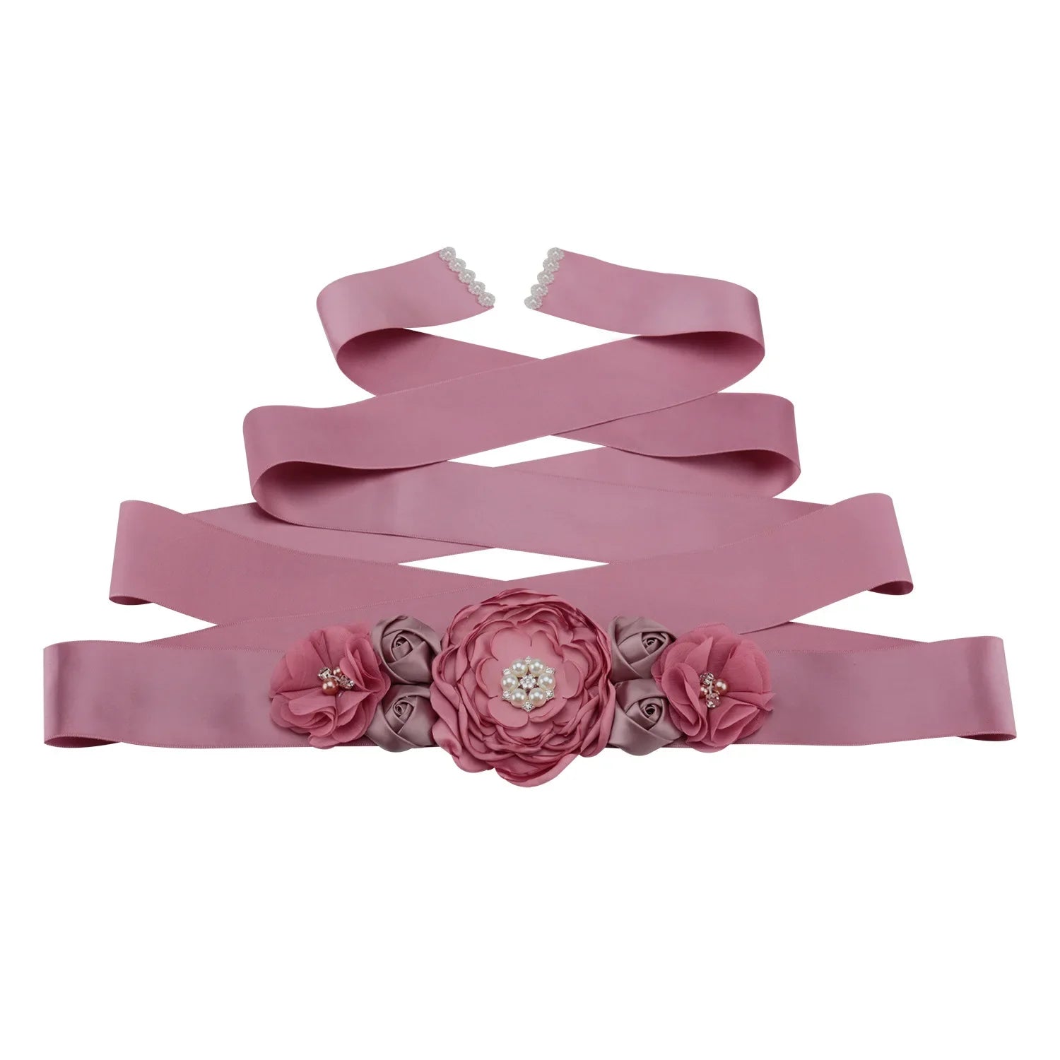 Wedding Accessories Bridal Belts Satin Flower Sash Woman Girl Belts Flower Bead Belts Floral Belt Wedding Rhinestone Flower Belt 3-Bean Pink
