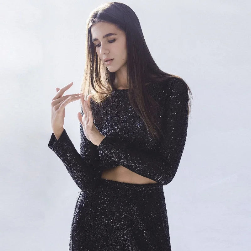 Glitter Sequin Crop top Autumn Winter Slim Long Sleeve Women Basic Solid Casual Top For WomenY2k Shiny Sequined Tshirts Black