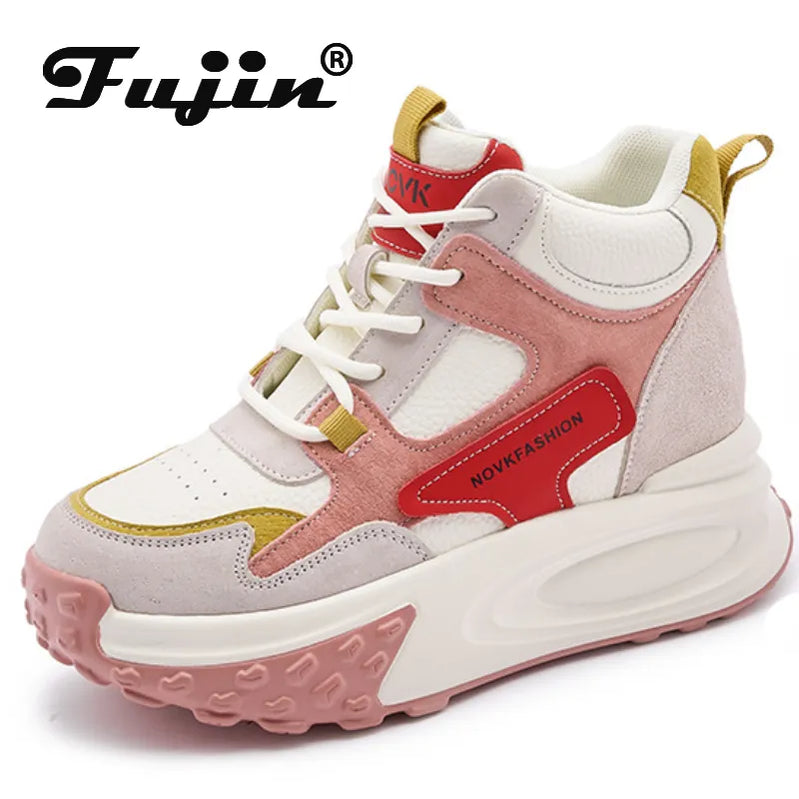 Fujin 8.5cm Cow Genuine Leather Thick Soled Spring Platform Wedge Chunky Sneakers Women Autumn Fashion Hidden Heels Ladies Shoes