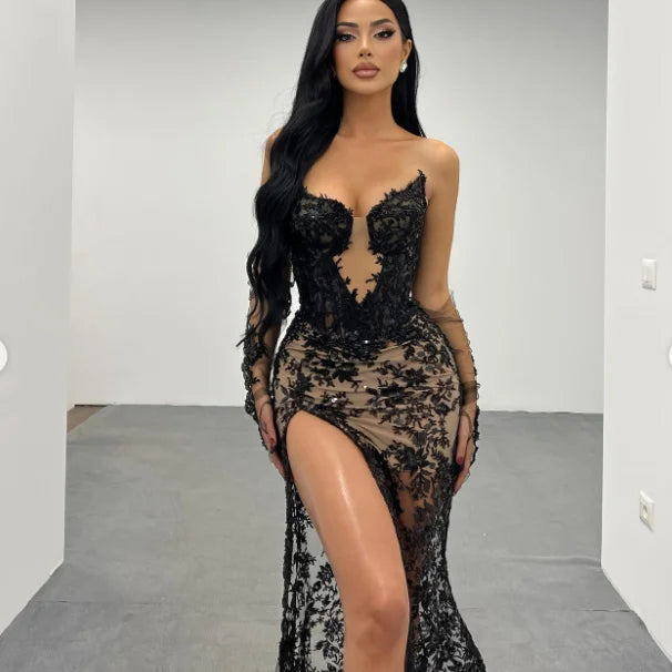 Women Sexy Strapless Lace High Split Long Dress Gloves Celebraye Nightclub Party Birthday Photo Shoot Dress Vestido