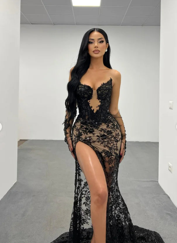 Women Sexy Strapless Lace High Split Long Dress Gloves Celebraye Nightclub Party Birthday Photo Shoot Dress Vestido