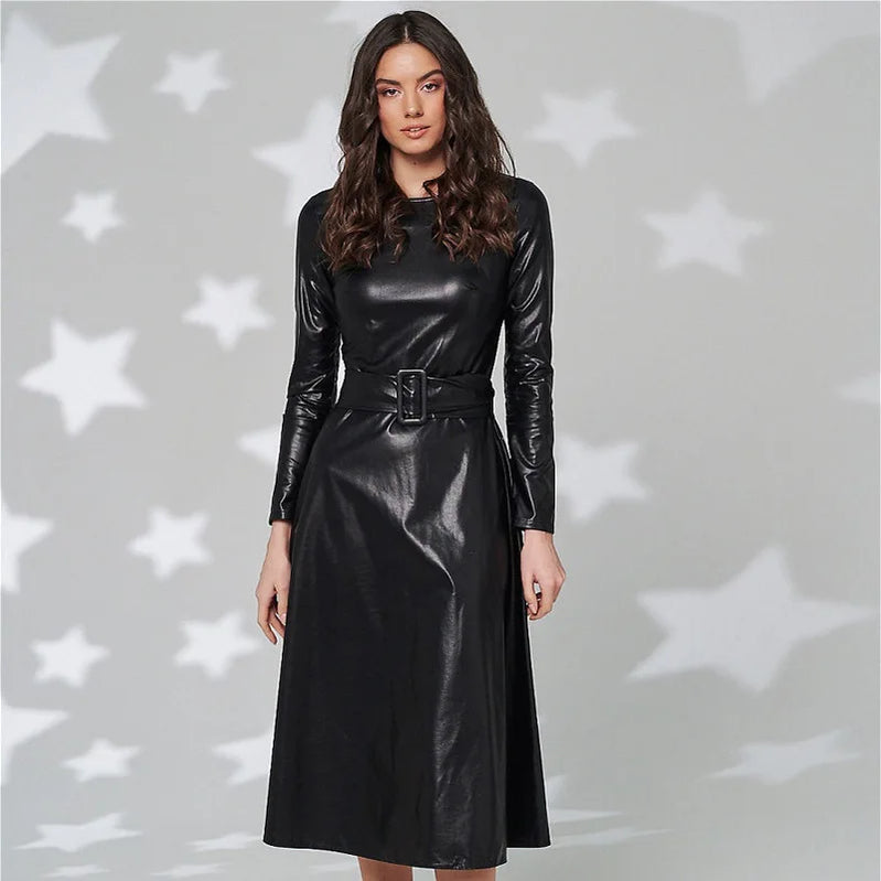 Fashion Belt Faux Leather Dresses Women Long Sleeve Slim Fit PU Dress Sexy Club Wear Autumn Winter black