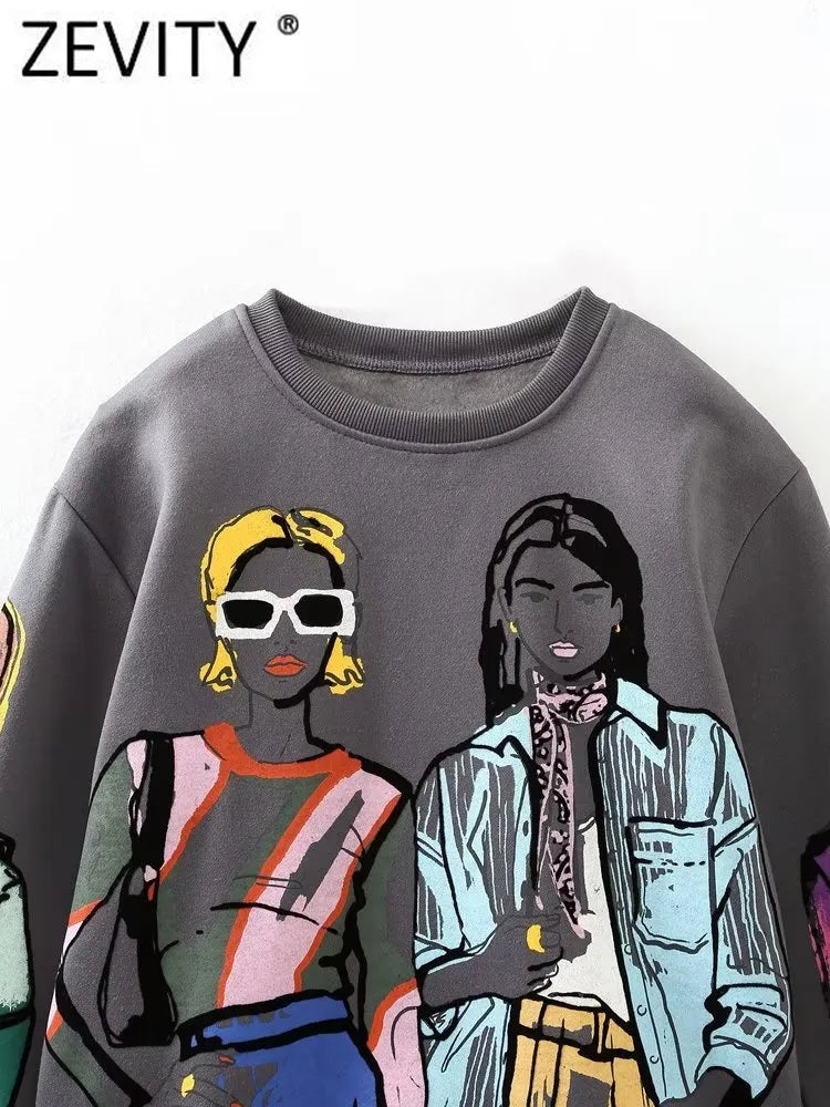 Women Fashion Modern Ladies Print Loose Fleece Sweatshirts Female O Neck Long Sleeve Hoodies Chic Pullovers Tops H2840