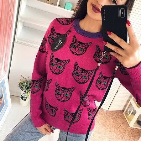 Runway Designer Cat Print Knitted Sweaters Pullovers Women Autumn Winter Long Sleeve Harajuku Sweet Jumper