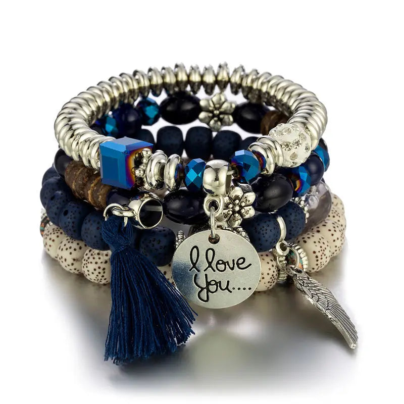 4Pcs Bohemian Women Pink Tassel Bracelet Set For Female I Love You Feather Round Charm Beads Chain Bangle Fashion Party Jewelry BR139-4