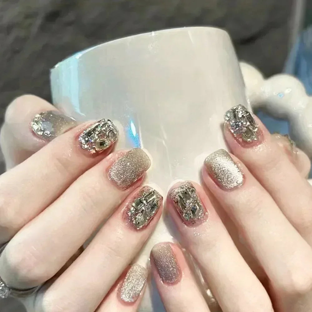 Shiny Crystal Glitter Powder Cat Eye Rhinestone Pearl Short Fake Nails Art Korean False Nails Zircon DIY Press on Nails Manicure