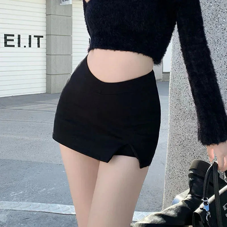 Sexy Split Black Mini Skirt Women Korean High Waist Streetwear Casual Short Skirt Fashion Office Lady All-Match A Line Skirts