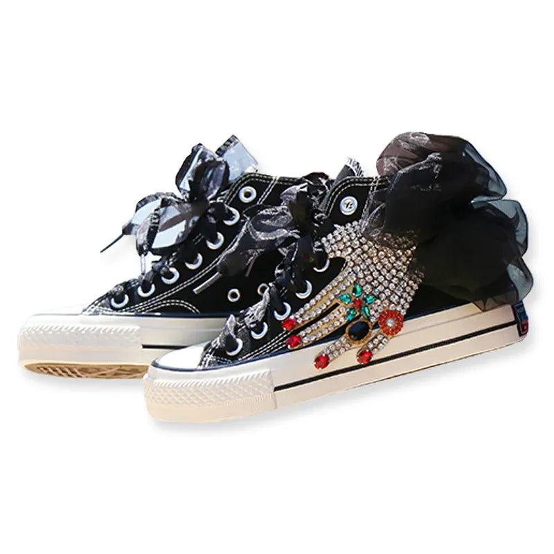 2022 new women single shoes wild cute ladys lace canvas shoes high top fashion sneaker ins rhinestone shoes black CHINA
