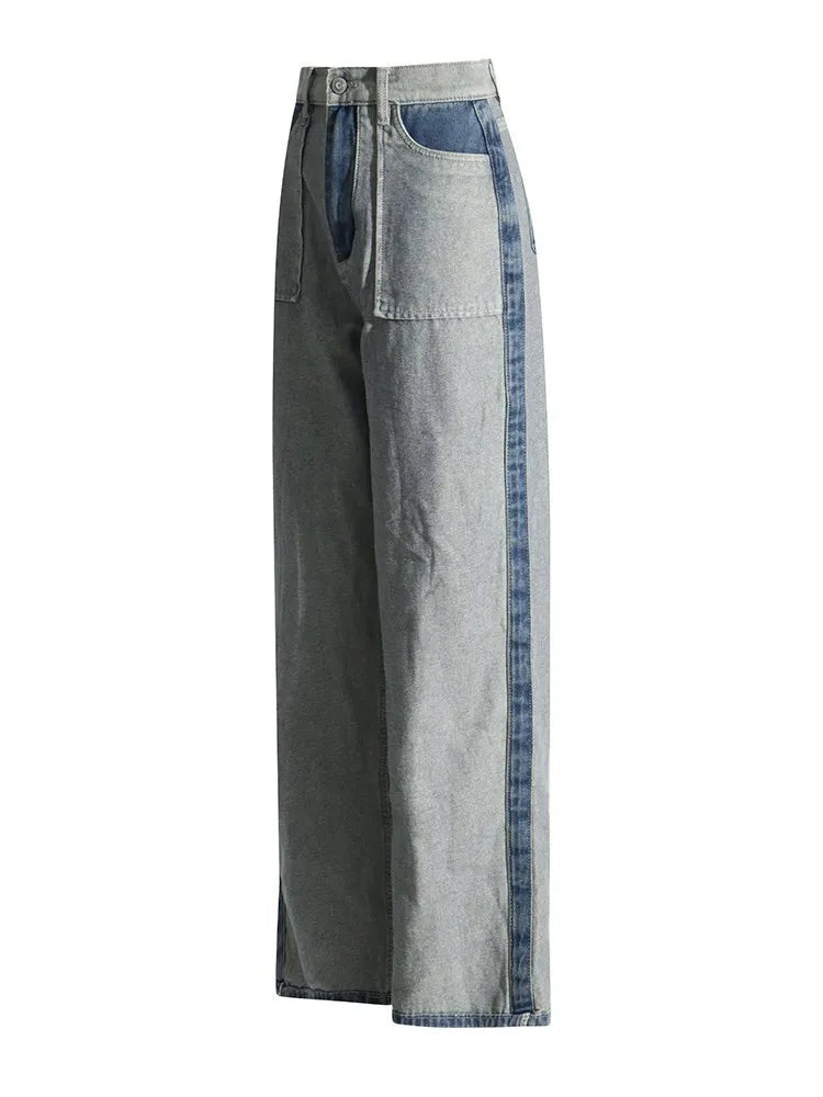 Casual Patchwork Denim Trousers For Women High Waist Hit Color Straight Wide Led Jeans Female Fashion Autumn Clothing New